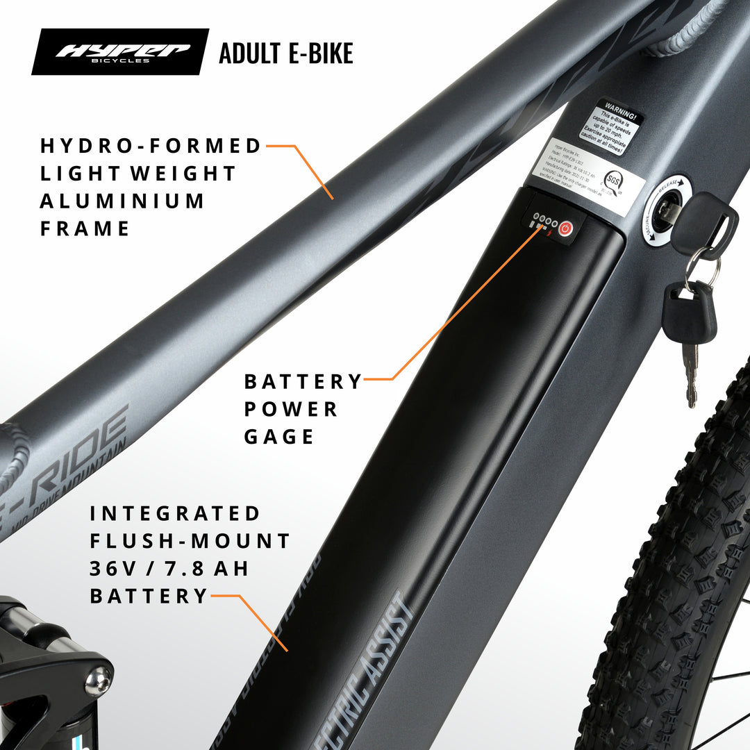 hyper 36 volt electric assist bicycle 29in Hyper E-Ride Mountain Mid-Drive MTB-DS E-Bike